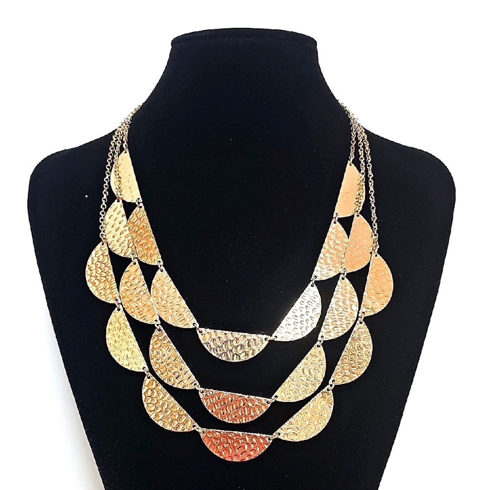 Goldtone Multi-Layered Hammered Scallop Disc Statement Necklace
